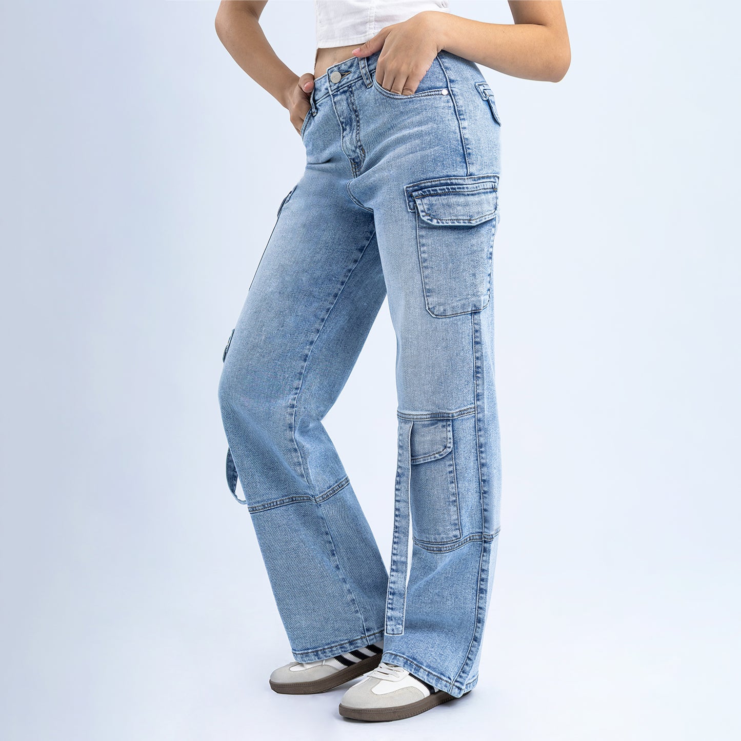 Jean Cintura Wide Leg Cargo Diamante