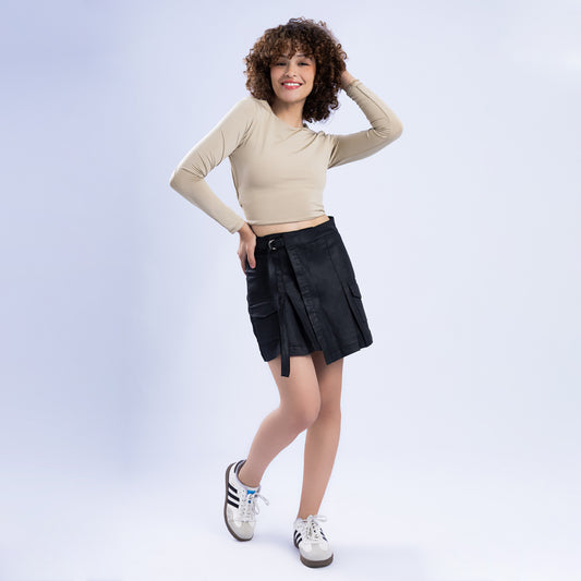 Falda Cargo Cuerina Pliegues Negro
