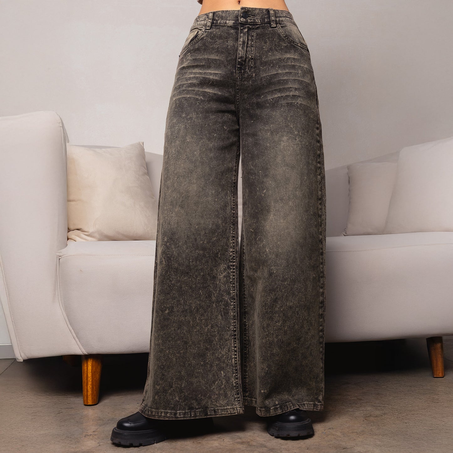 Jean Cintura Wide Loose Elástico Negro C/marrón