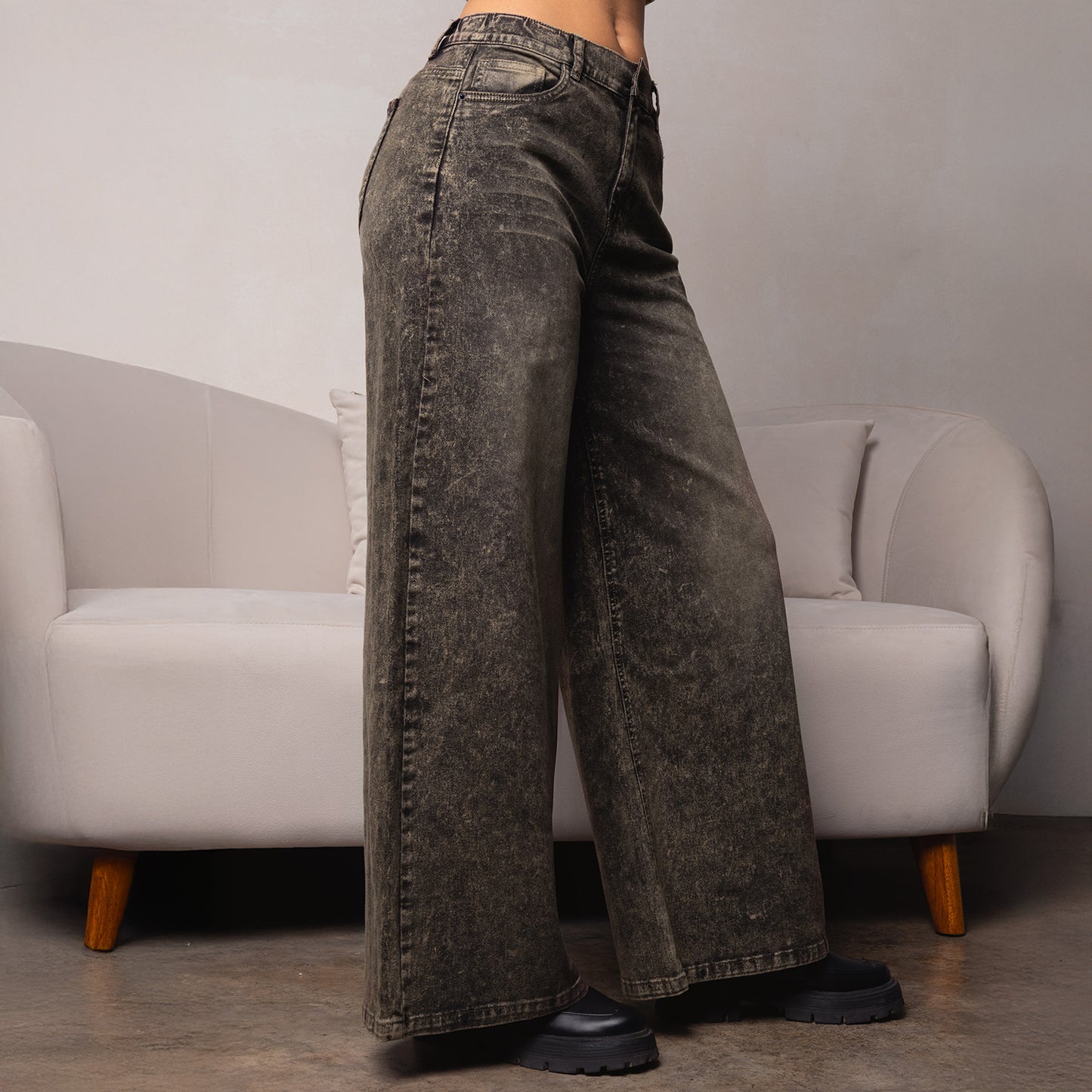 Jean Cintura Wide Loose Elástico Negro C/marrón