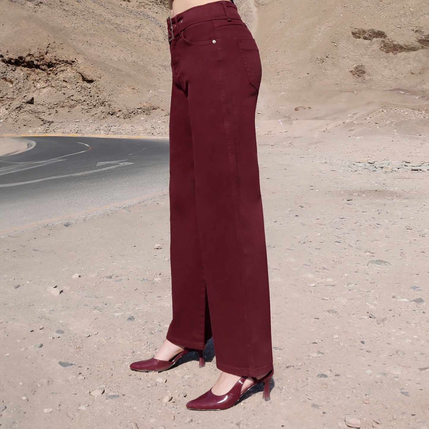 Jean Cintura Wide Leg C/correa Guinda