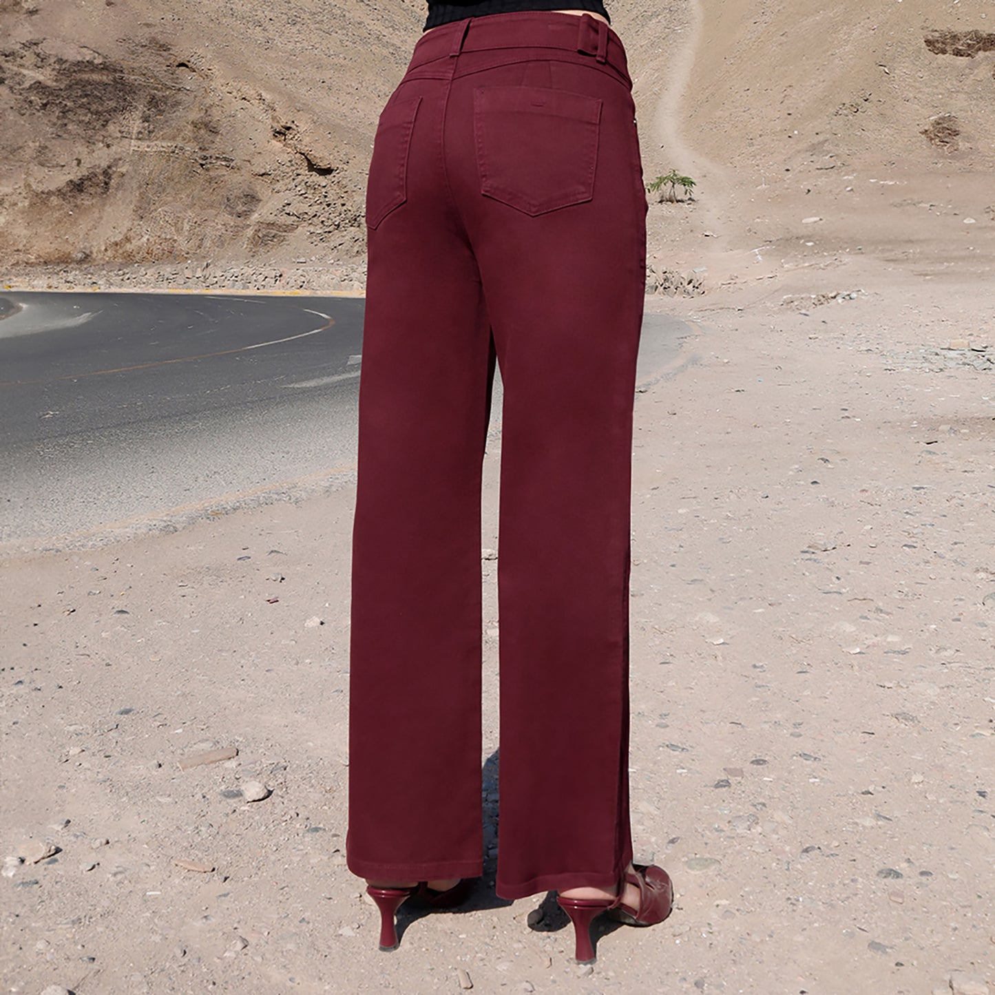 Jean Cintura Wide Leg C/correa Guinda