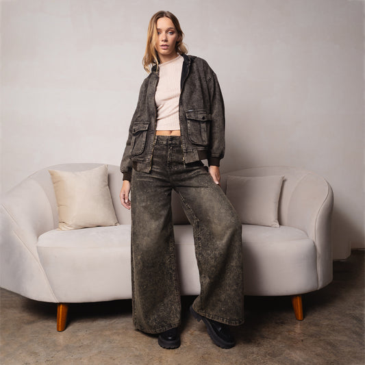 Jean Cintura Wide Loose Elástico Negro C/marrón