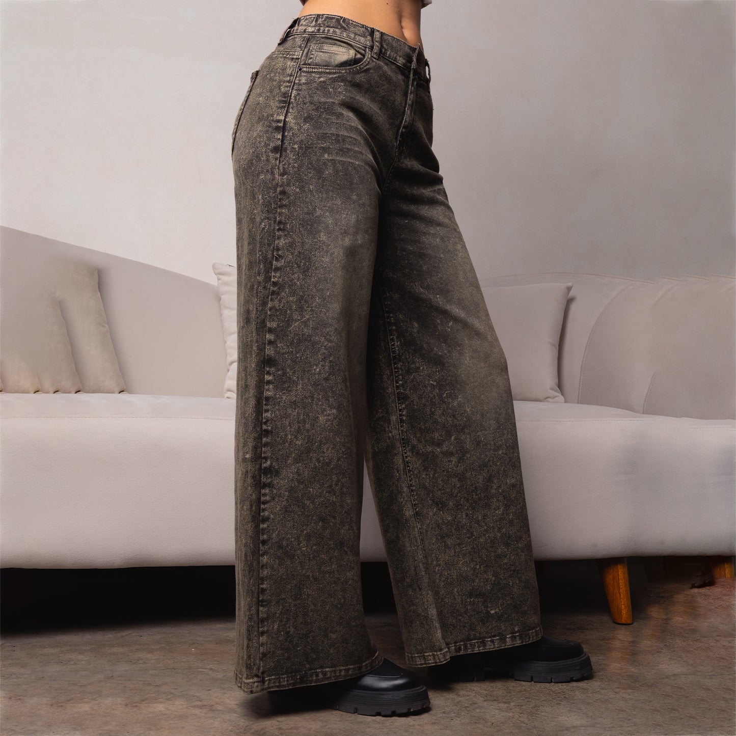 Jean Cintura Wide Loose Elástico Negro C/marrón