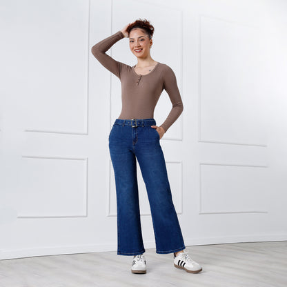 Pantalon Jean Cintura Wide Leg con Correa Denim.