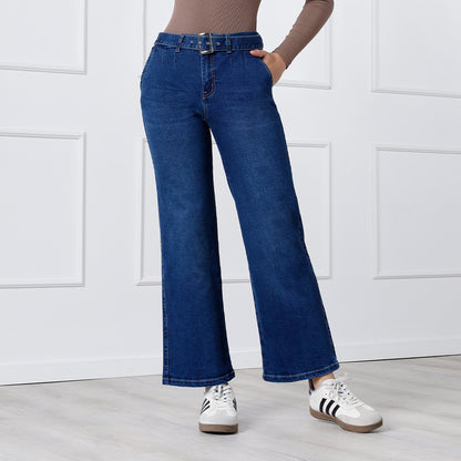 Pantalon Jean Cintura Wide Leg con Correa Denim.