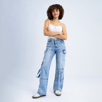 Jean Cintura Wide Leg Cargo Diamante