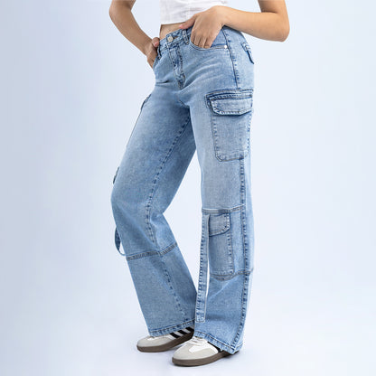 Jean Cintura Wide Leg Cargo Diamante