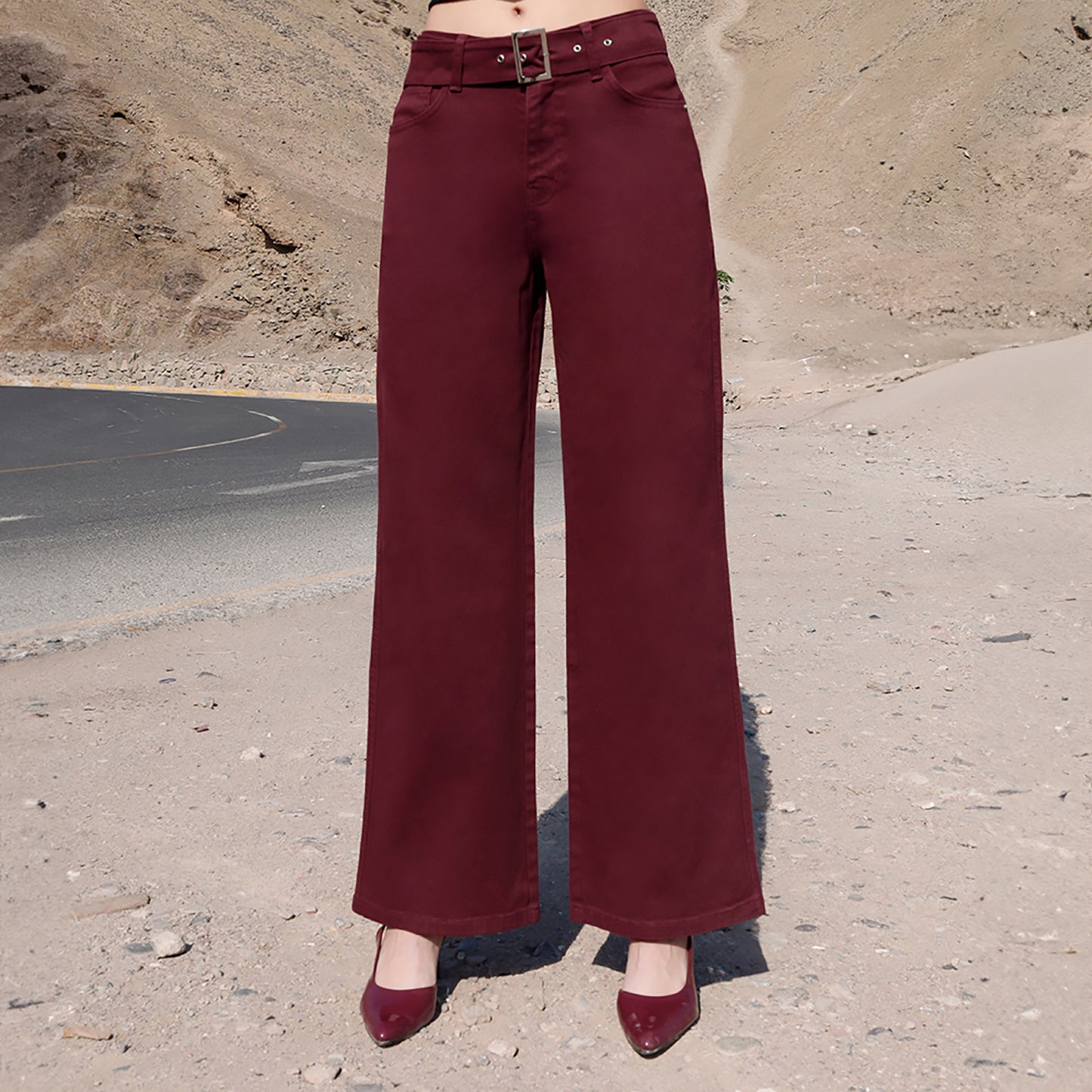 Jean Cintura Wide Leg C/correa Guinda