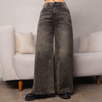 Jean Cintura Wide Loose Elástico Negro C/marrón