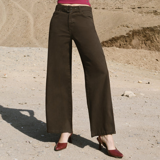 Jean Cintura Wide Leg Correa Marrón