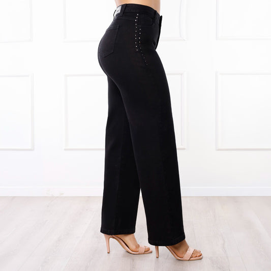 Pantalón Dama Drithi Cintura Wide Leg 1 Botón – Color Negro