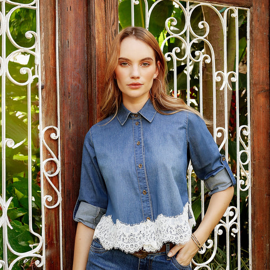 Blusa Dama Sally Manga Larga con Encaje